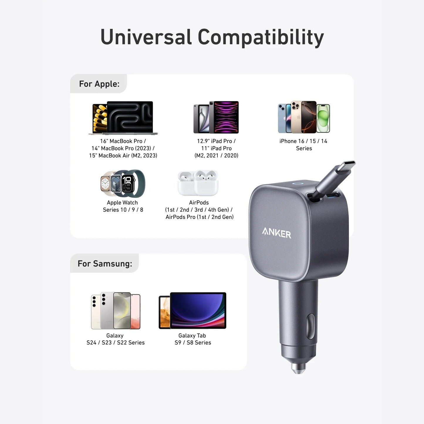 Anker Nano Car Charger (75W, USB-C Port, Built-In Retractable USB-C Cable)