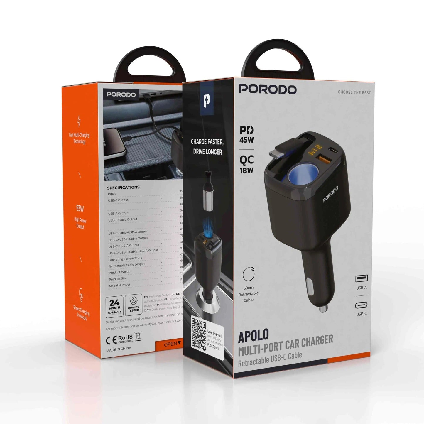 Porodo Apolo 93W Multi-Port Car Charger with Type-C Retractable Cable