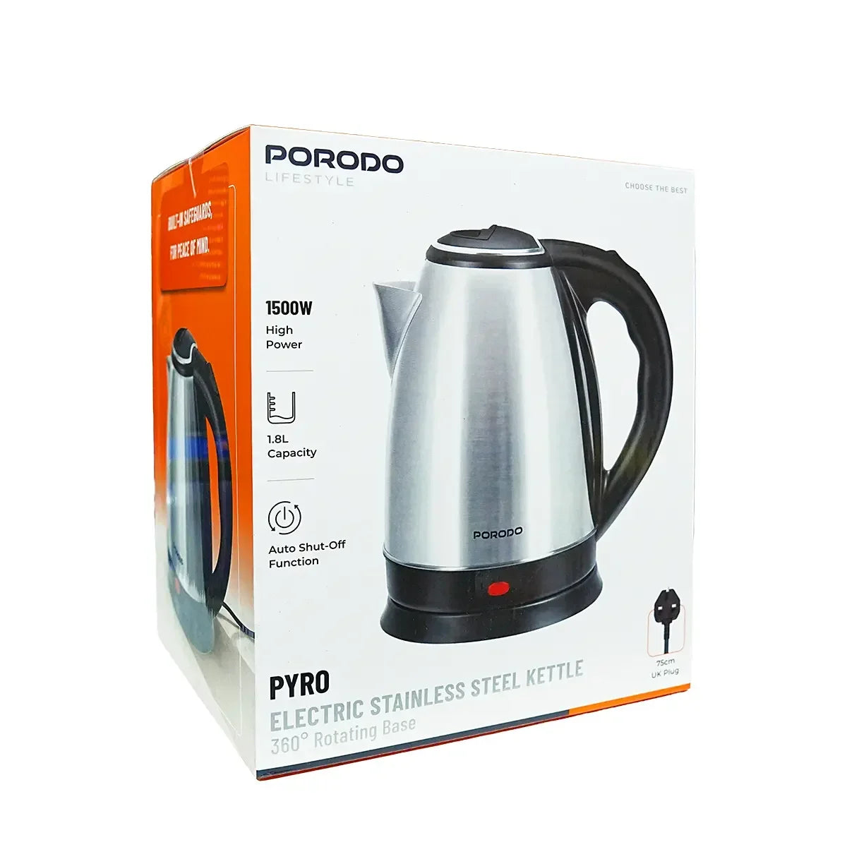 Porodo Pyro 1.8L Electric Stainless Steel Kettle with 360° Rotating Base