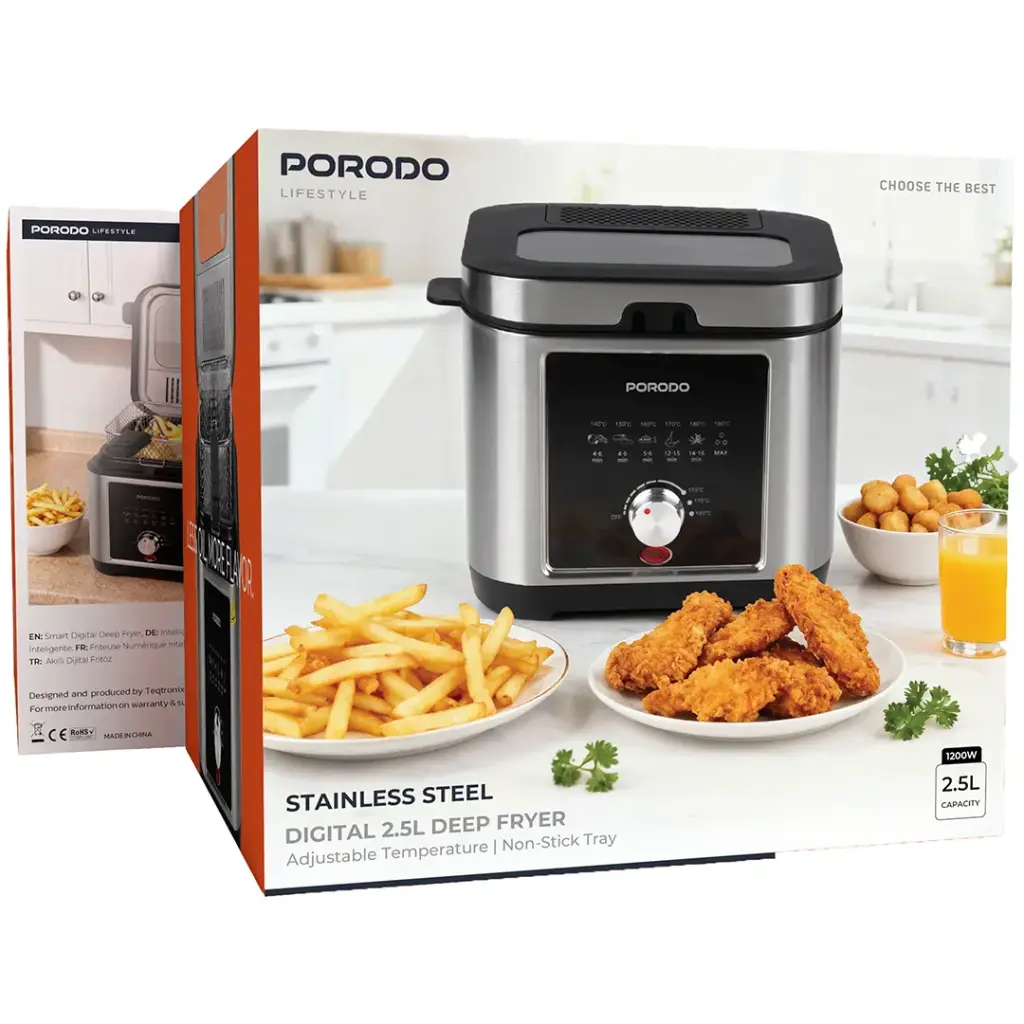 Porodo Stainless Steel 2.5L Deep Fryer with Adjustable Temperature & Non-Stick Tray