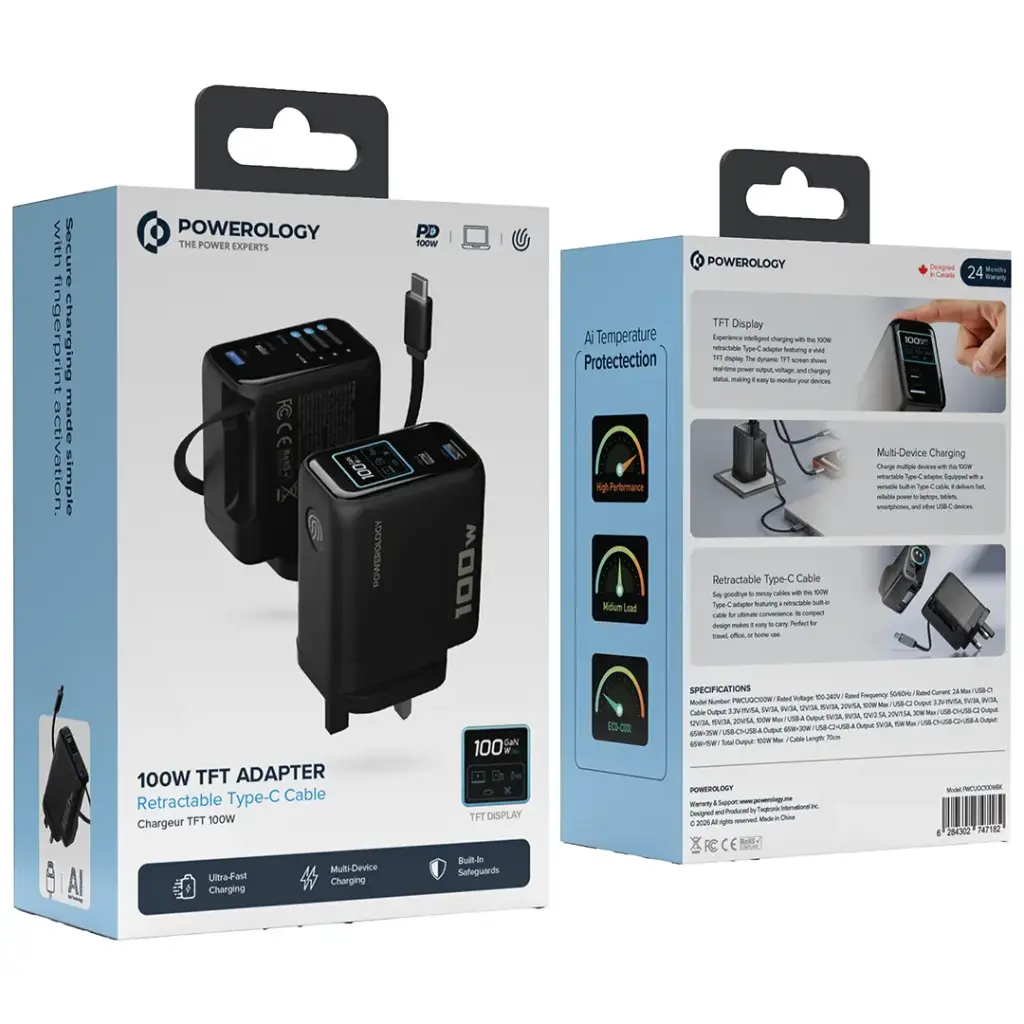 Powerology 100W AI TFT Adapter Retractable Type-C Cable