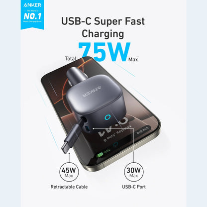 Anker Nano Car Charger (75W, USB-C Port, Built-In Retractable USB-C Cable)