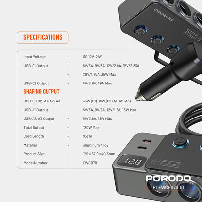 Porodo 120W Car Charger Hub Triple-Port Lighter Socket