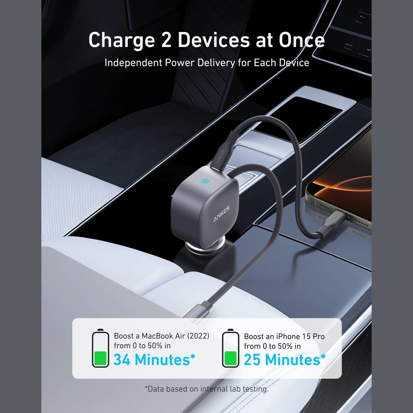 Anker Nano Car Charger (75W, USB-C Port, Built-In Retractable USB-C Cable)