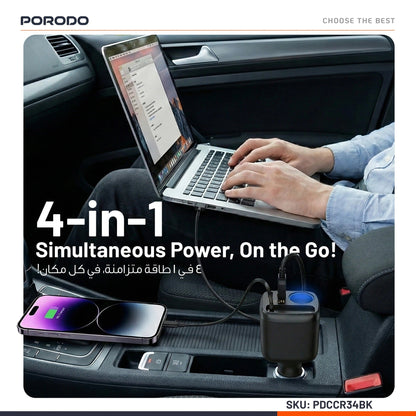 Porodo Apolo 93W Multi-Port Car Charger with Type-C Retractable Cable