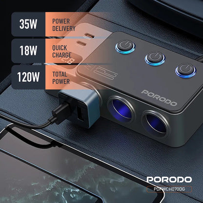 Porodo 120W Car Charger Hub Triple-Port Lighter Socket