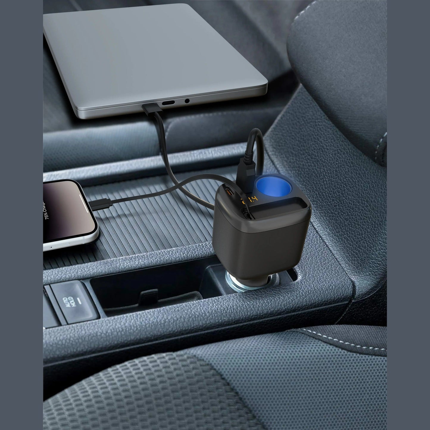 Porodo Apolo 93W Multi-Port Car Charger with Type-C Retractable Cable