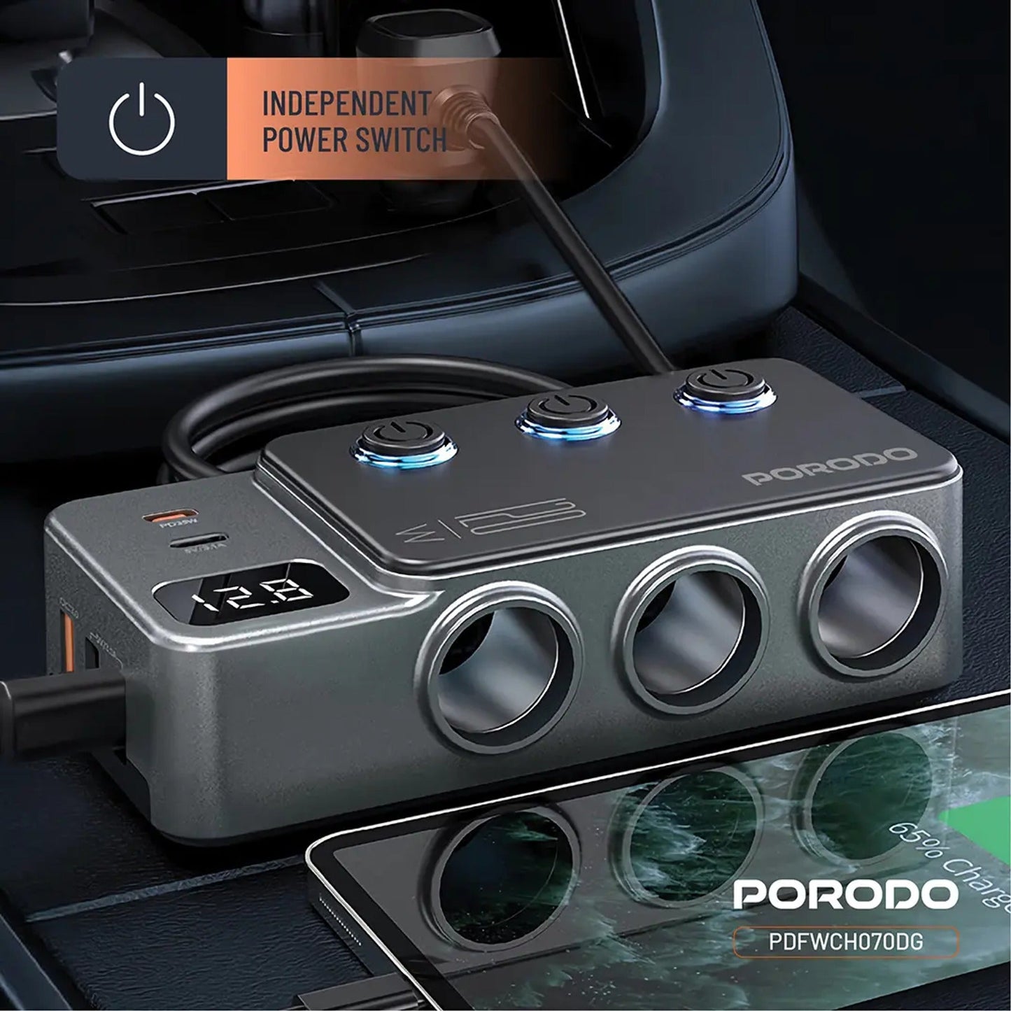 Porodo 120W Car Charger Hub Triple-Port Lighter Socket