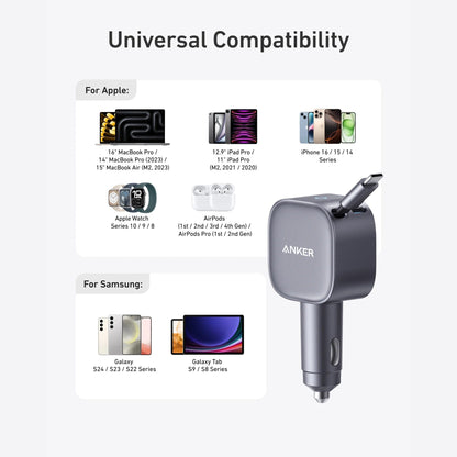 Anker Nano Car Charger (75W, USB-C Port, Built-In Retractable USB-C Cable)