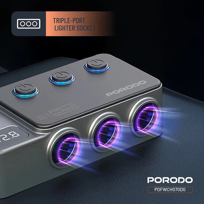 Porodo 120W Car Charger Hub Triple-Port Lighter Socket