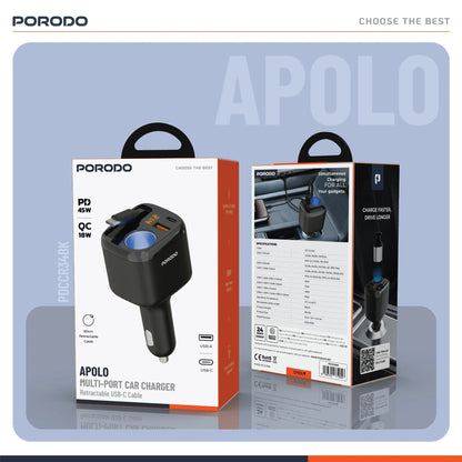 Porodo Apolo 93W Multi-Port Car Charger with Type-C Retractable Cable