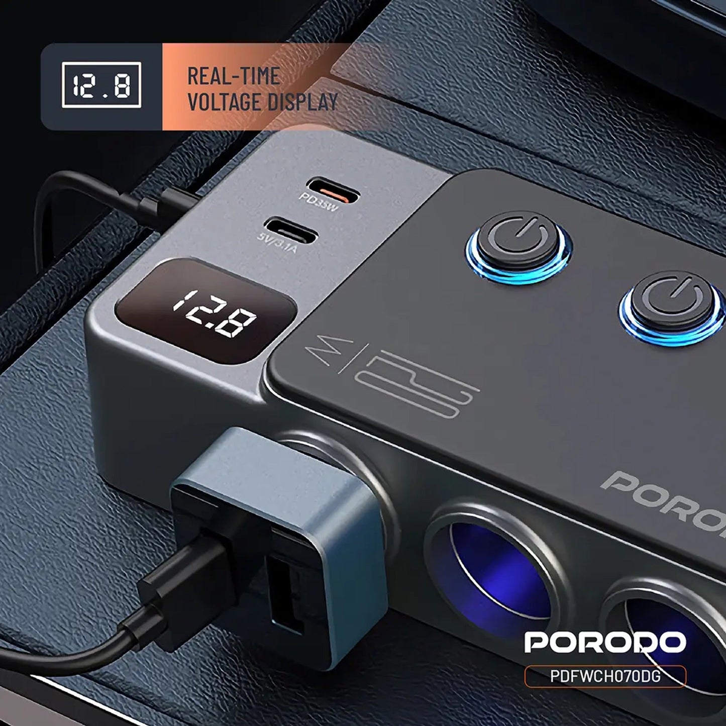Porodo 120W Car Charger Hub Triple-Port Lighter Socket