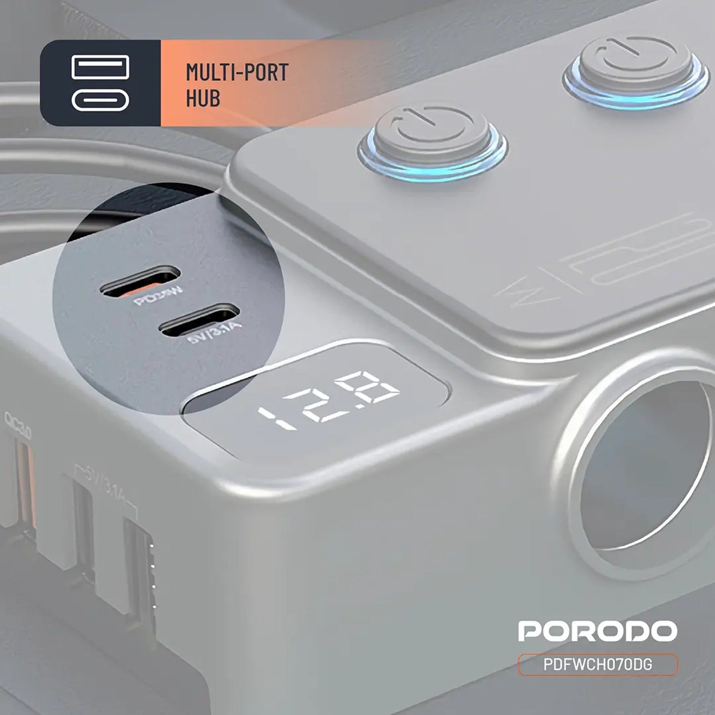 Porodo 120W Car Charger Hub Triple-Port Lighter Socket