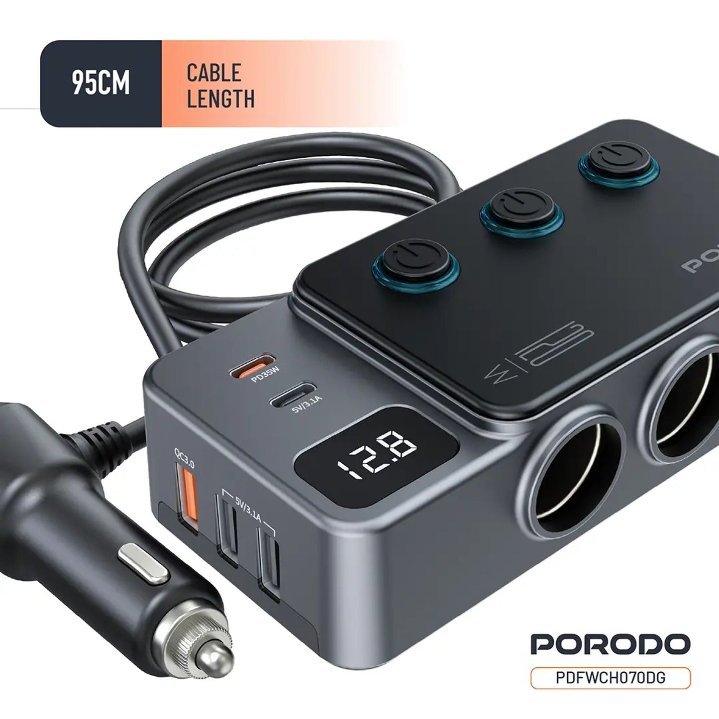Porodo 120W Car Charger Hub Triple-Port Lighter Socket