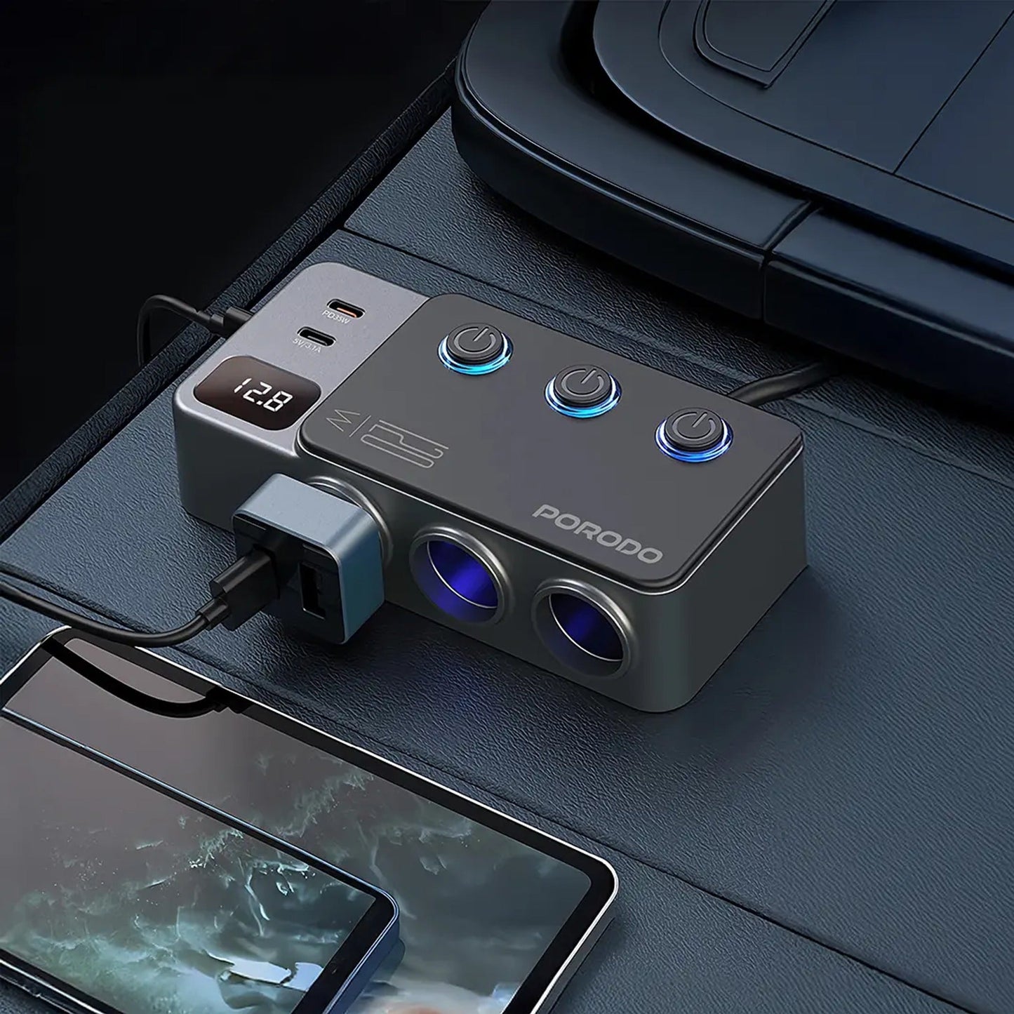 Porodo 120W Car Charger Hub Triple-Port Lighter Socket
