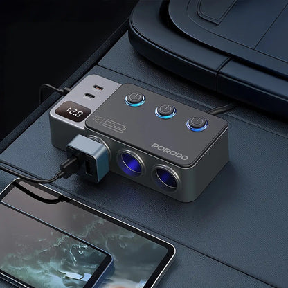 Porodo 120W Car Charger Hub Triple-Port Lighter Socket