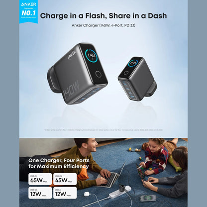 Anker Charger (140W, 4-Port, PD 3.1) with USB-C Cable