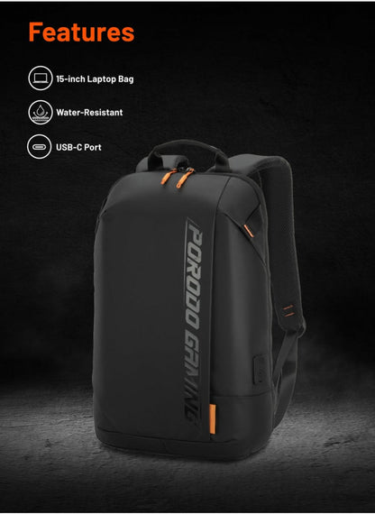 Porodo Gaming Water-Resistant PU Laptop Backpack With USB-C Port