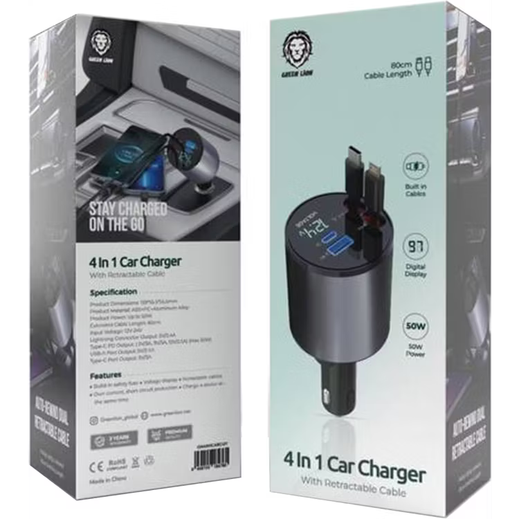 Green Lion 4 In 1 Car Charger With Retractable Cable