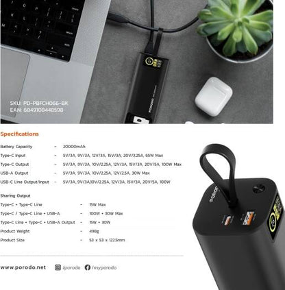 Porodo 20000mAh/130W Powe Bank (1M Retractable Type-C) - PB066