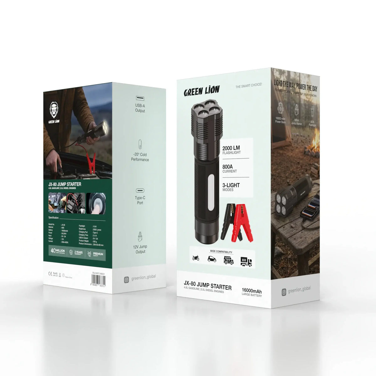 Green Lion JX-80 12V Jump Starter (4L Gasoline, 2.5L Diesel Engines, 16000mAh)