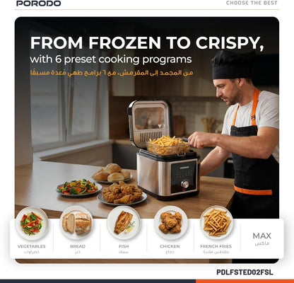 Porodo Stainless Steel 2.5L Deep Fryer with Adjustable Temperature & Non-Stick Tray