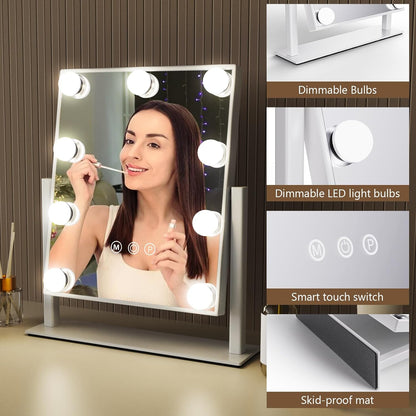 مرآة مكياج LED قابلة للدوران مع 9 لمبات LED قابلة للتعتيم 360 درجة JX-521