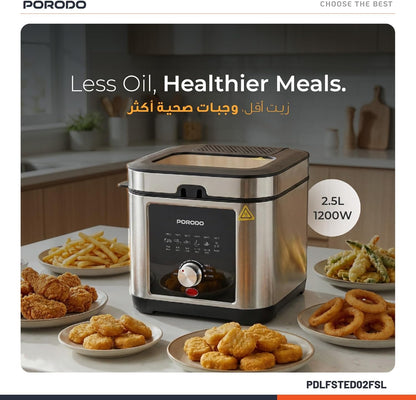 Porodo Stainless Steel 2.5L Deep Fryer with Adjustable Temperature & Non-Stick Tray