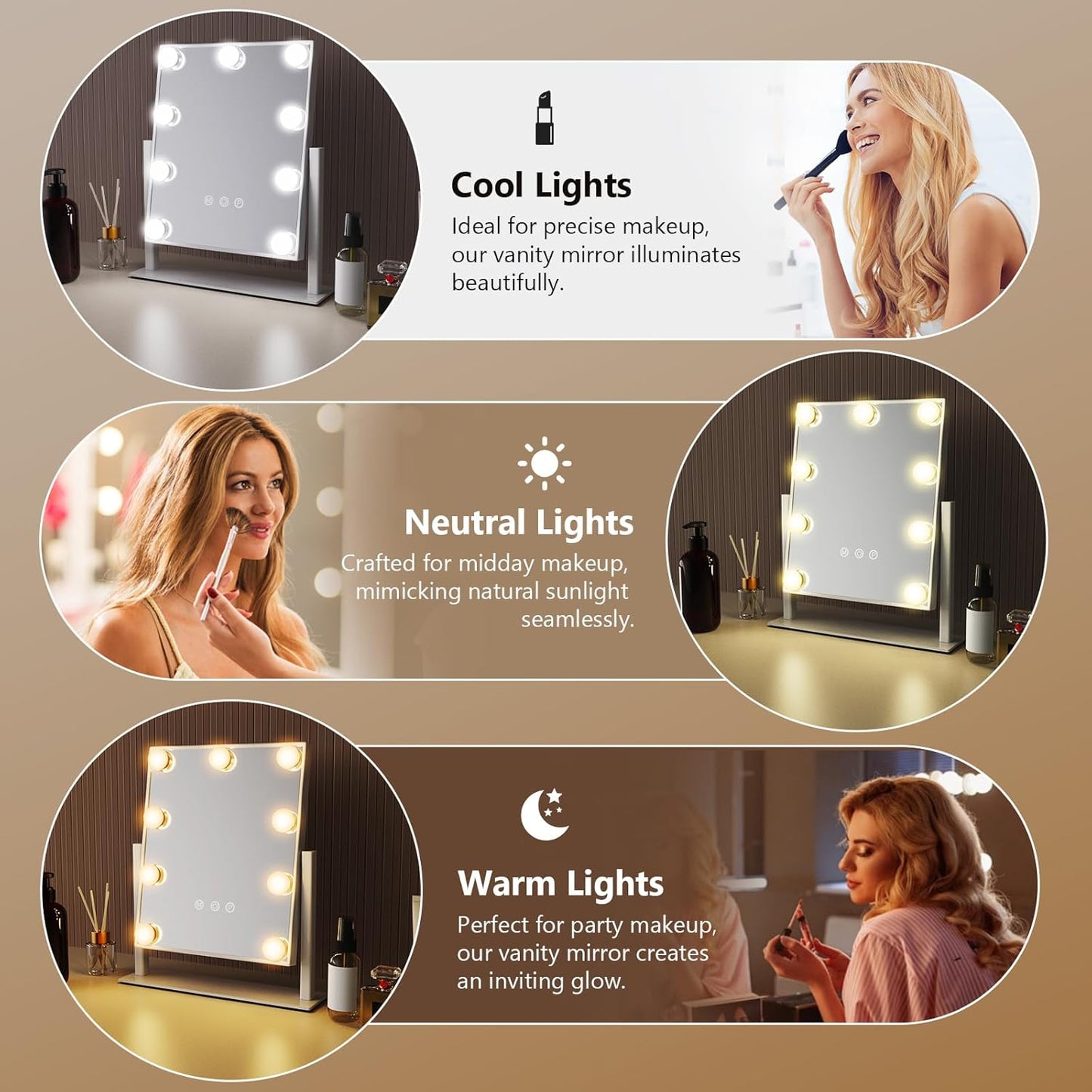 مرآة مكياج LED قابلة للدوران مع 9 لمبات LED قابلة للتعتيم 360 درجة JX-521
