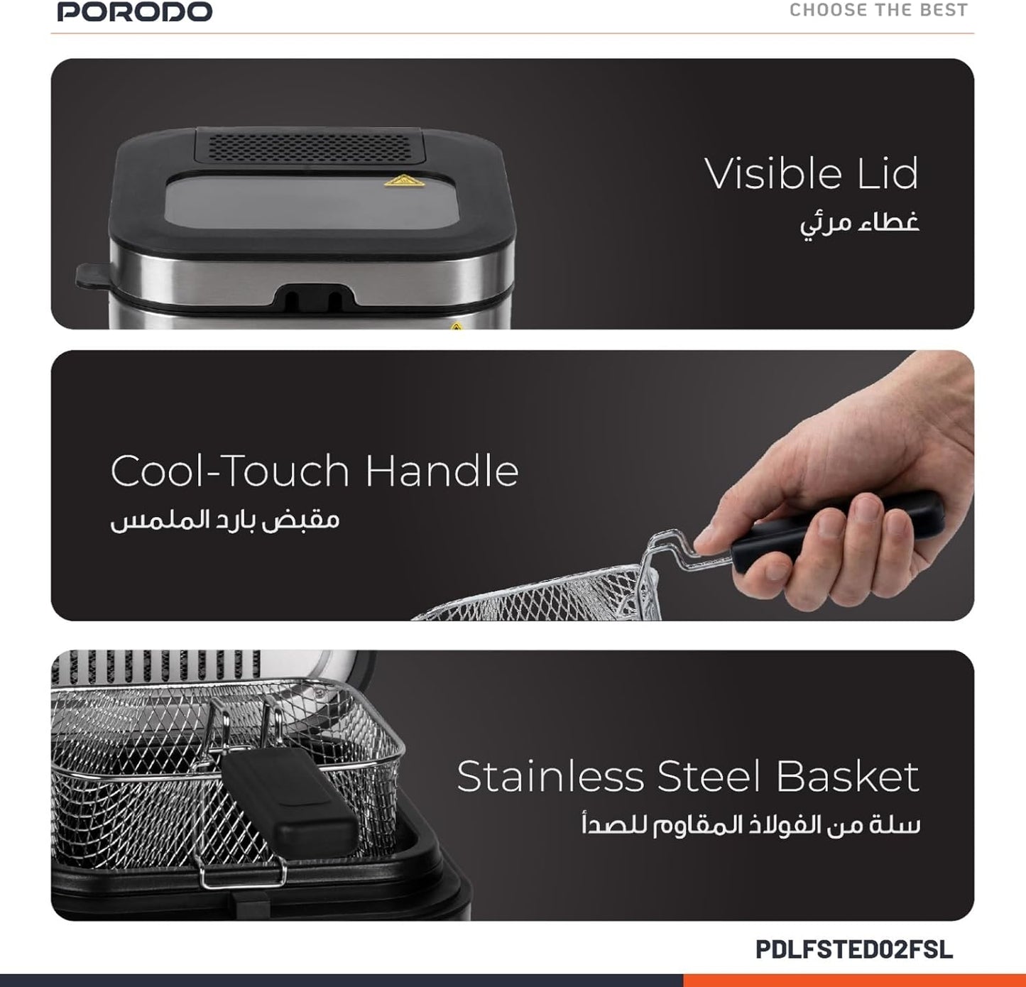 Porodo Stainless Steel 2.5L Deep Fryer with Adjustable Temperature & Non-Stick Tray