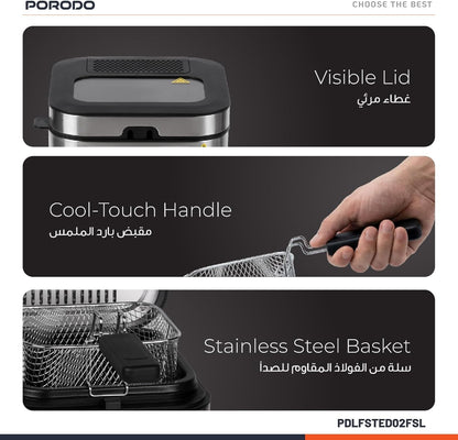 Porodo Stainless Steel 2.5L Deep Fryer with Adjustable Temperature & Non-Stick Tray