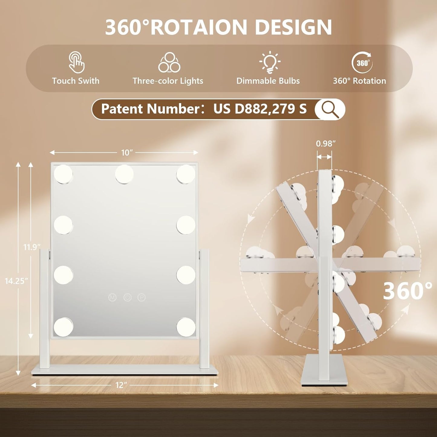 Rotatable LED Makeup Mirror with 9 Dimmable LED Bulbs 360° JX-521