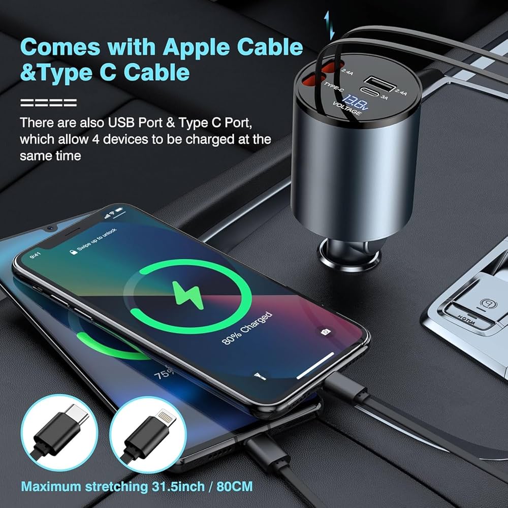Green Lion 4 In 1 Car Charger With Retractable Cable