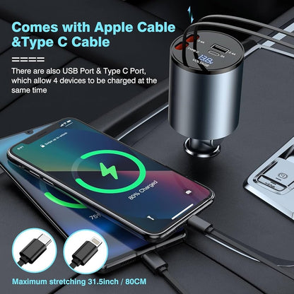 Green Lion 4 In 1 Car Charger With Retractable Cable