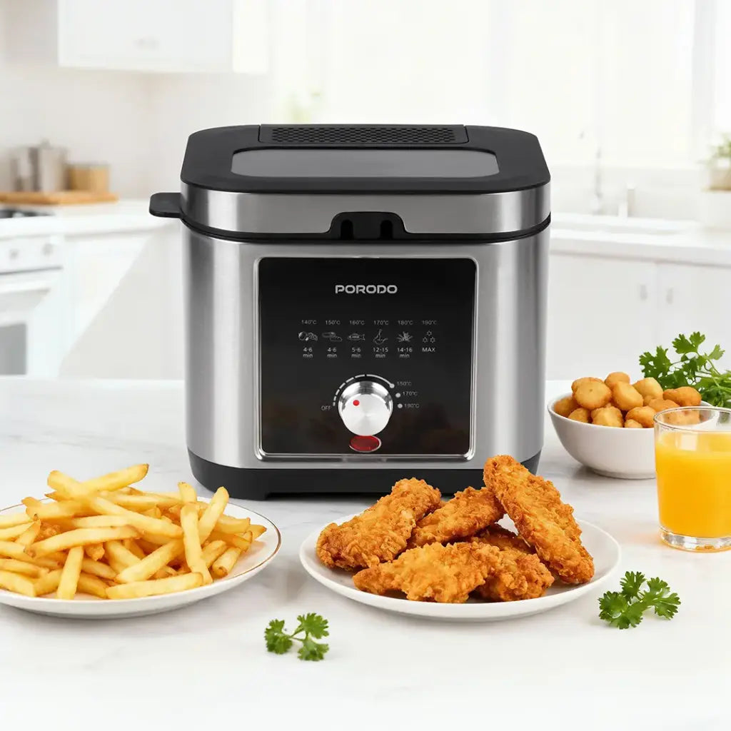 Porodo Stainless Steel 2.5L Deep Fryer with Adjustable Temperature & Non-Stick Tray