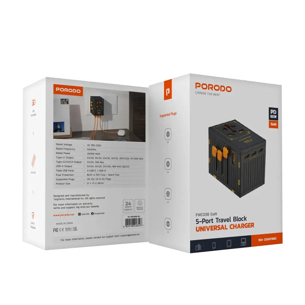 Porodo GaN 5-Port Travel Block Universal Charger 65W