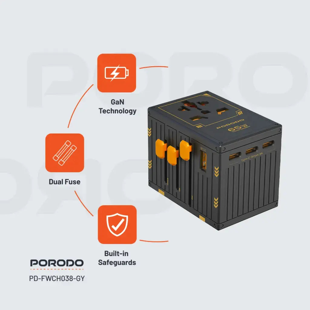 Porodo GaN 5-Port Travel Block Universal Charger 65W