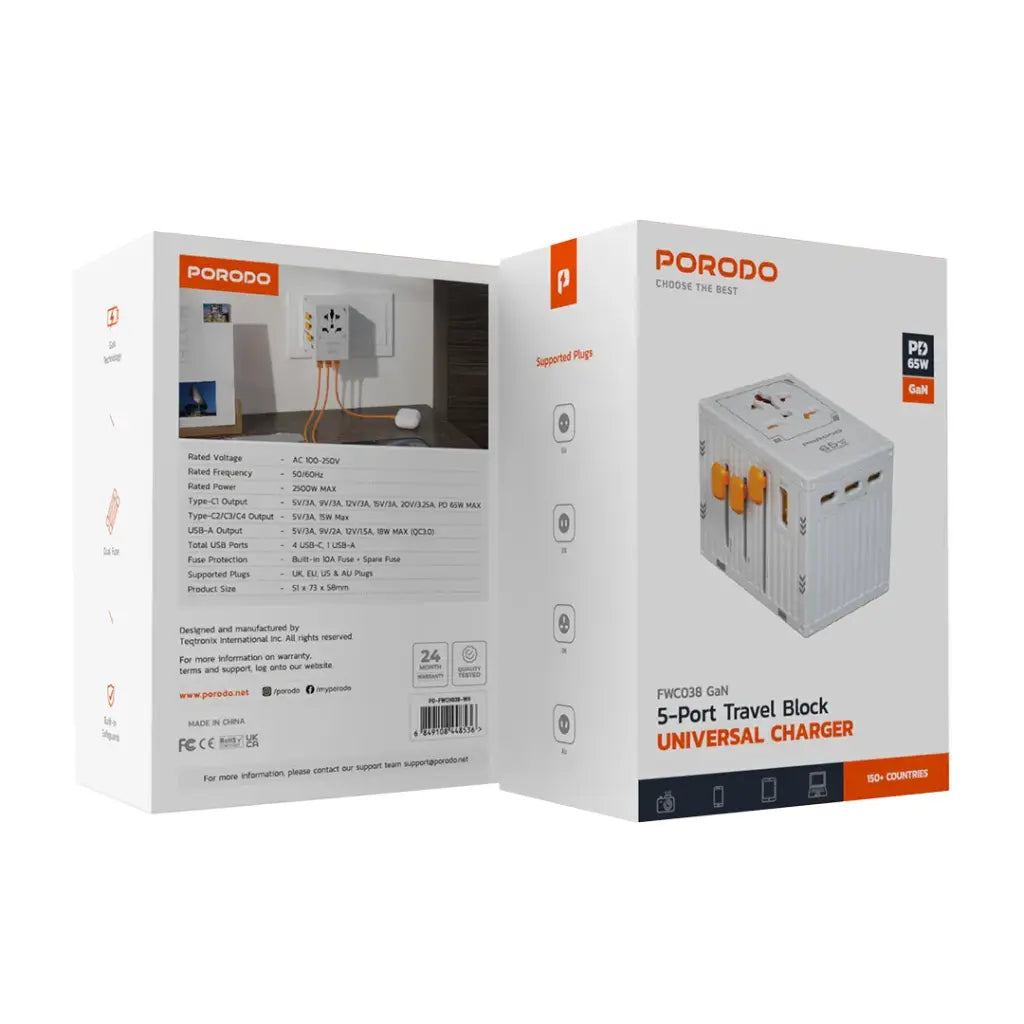 Porodo GaN 5-Port Travel Block Universal Charger 65W