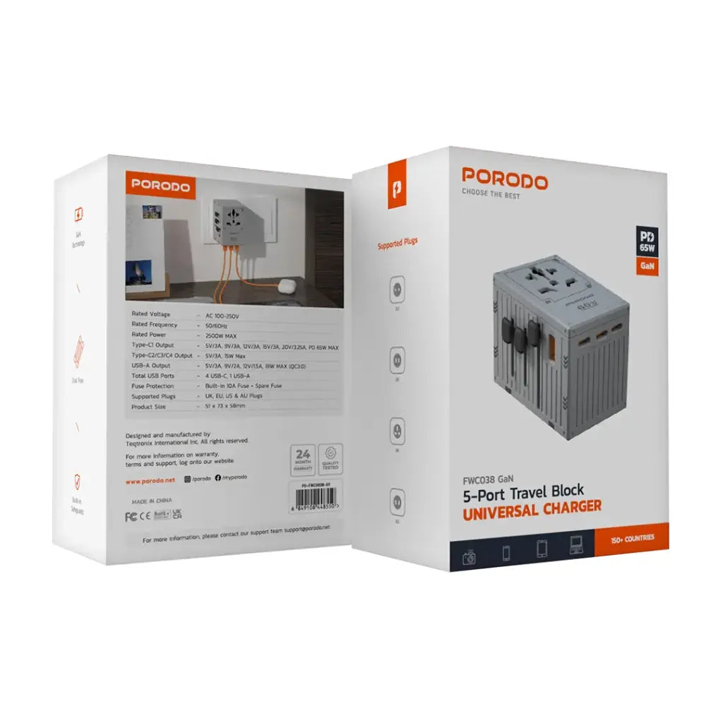 Porodo GaN 5-Port Travel Block Universal Charger 65W