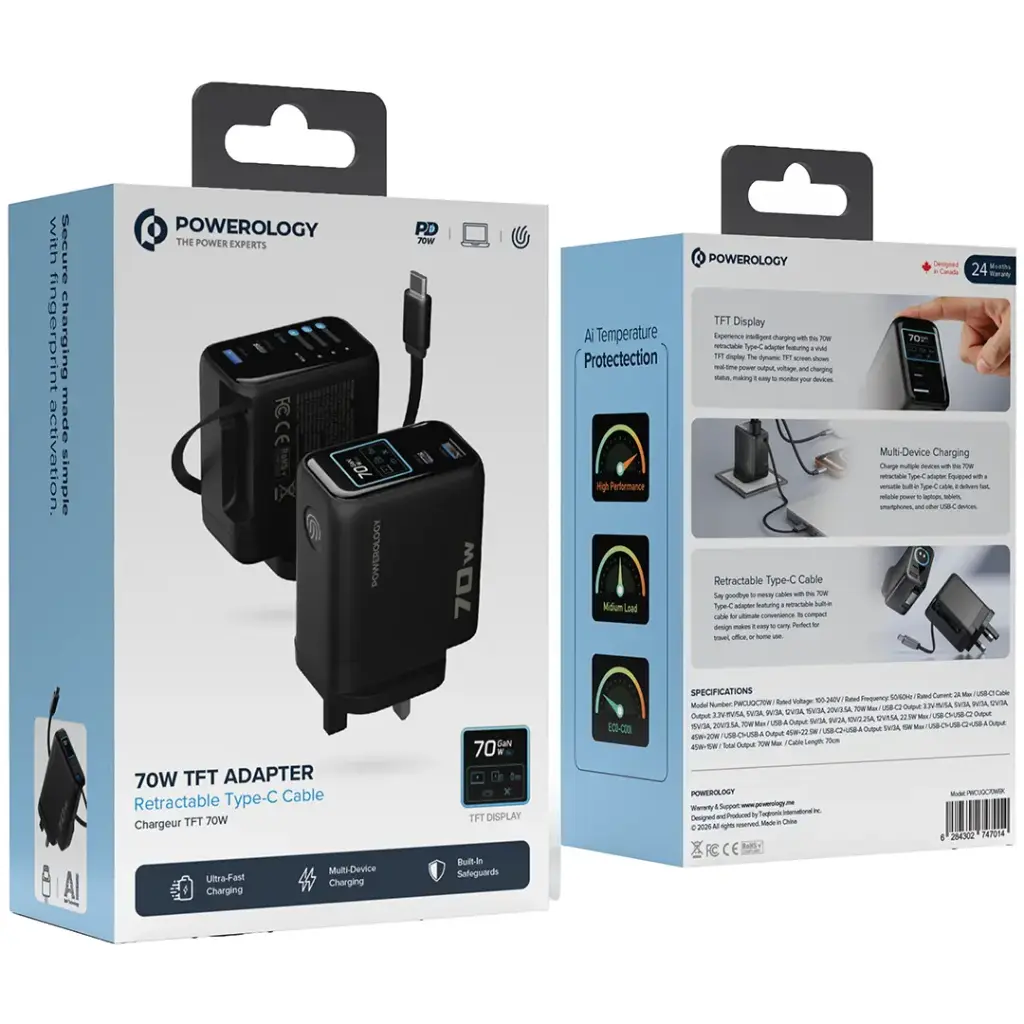 Powerology 70W AI TFT Adapter Retractable Type-C Cable