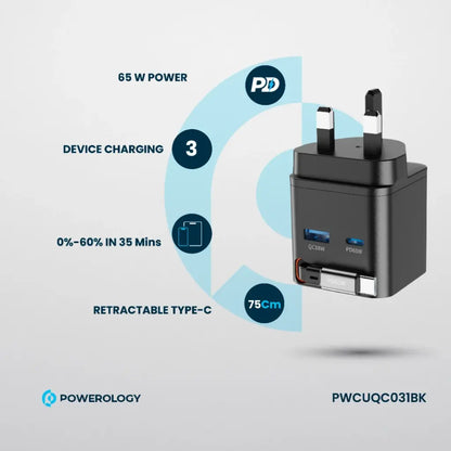 Powerology 65W Dual Port | Retractable GaN Charger