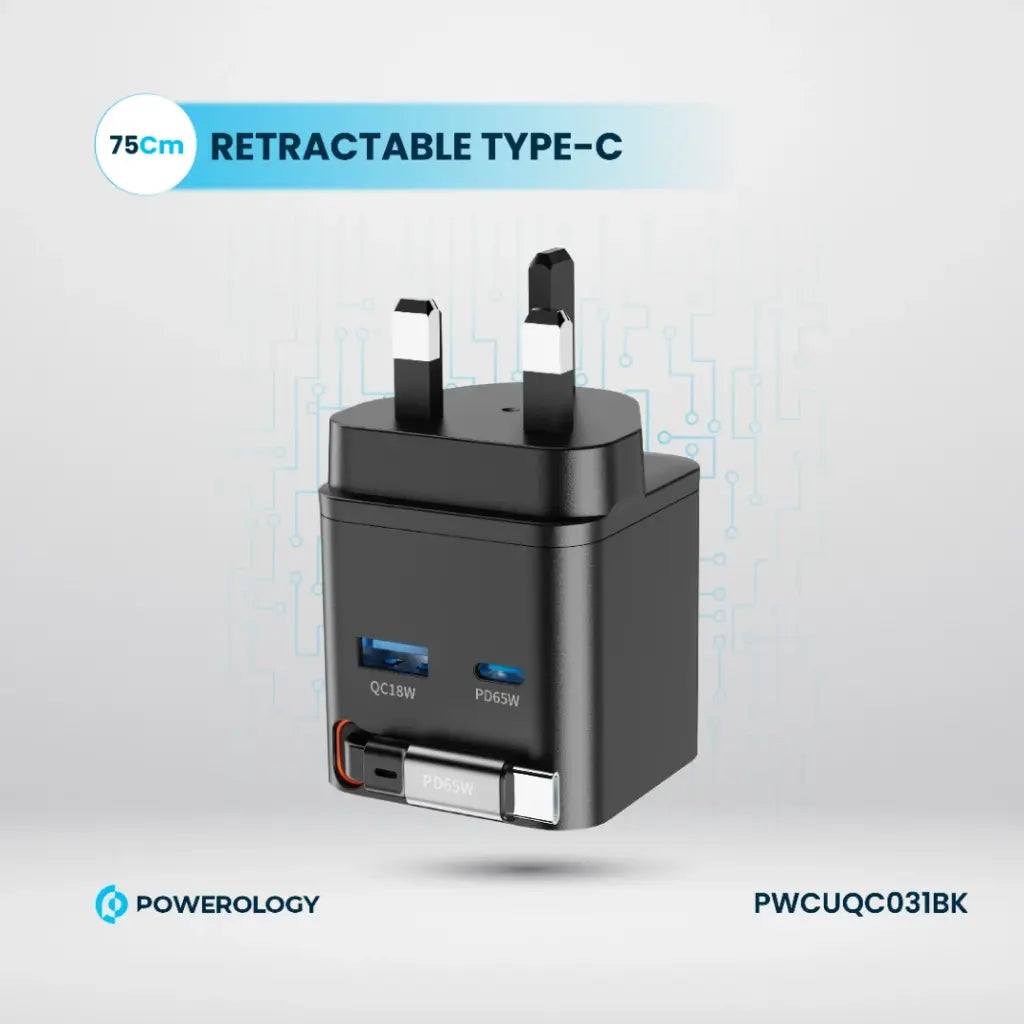 Powerology 65W Dual Port | Retractable GaN Charger