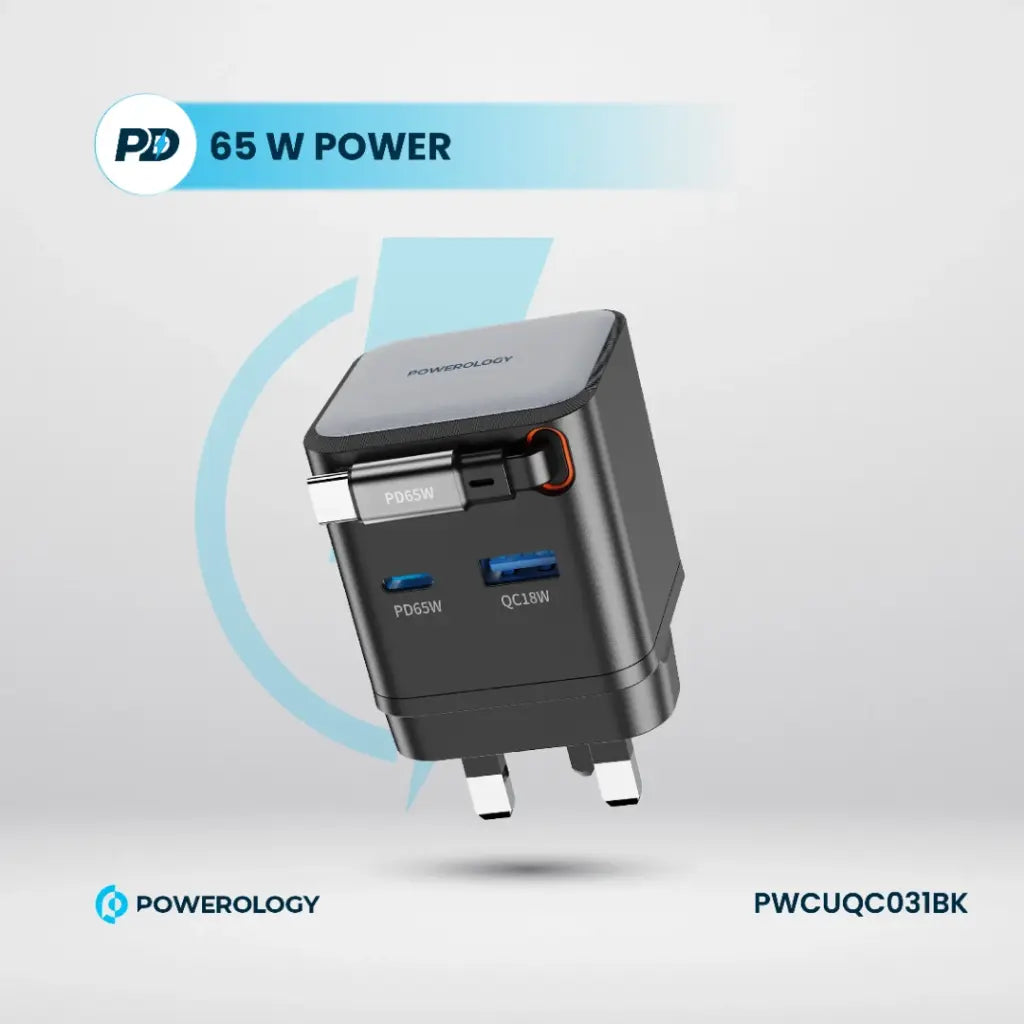 Powerology 65W Dual Port | Retractable GaN Charger