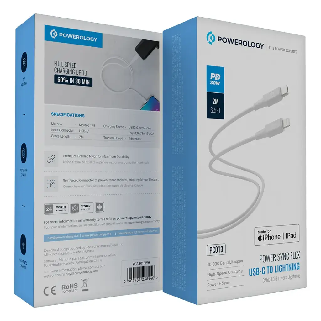 Powerology Power Sync Flex USB-C to Lightning Cable PD 30W