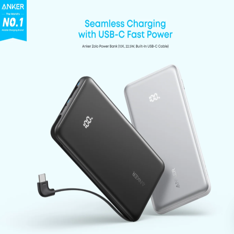 Anker Zolo Power Bank (10K, 22.5W, Built-In USB-C Cable)