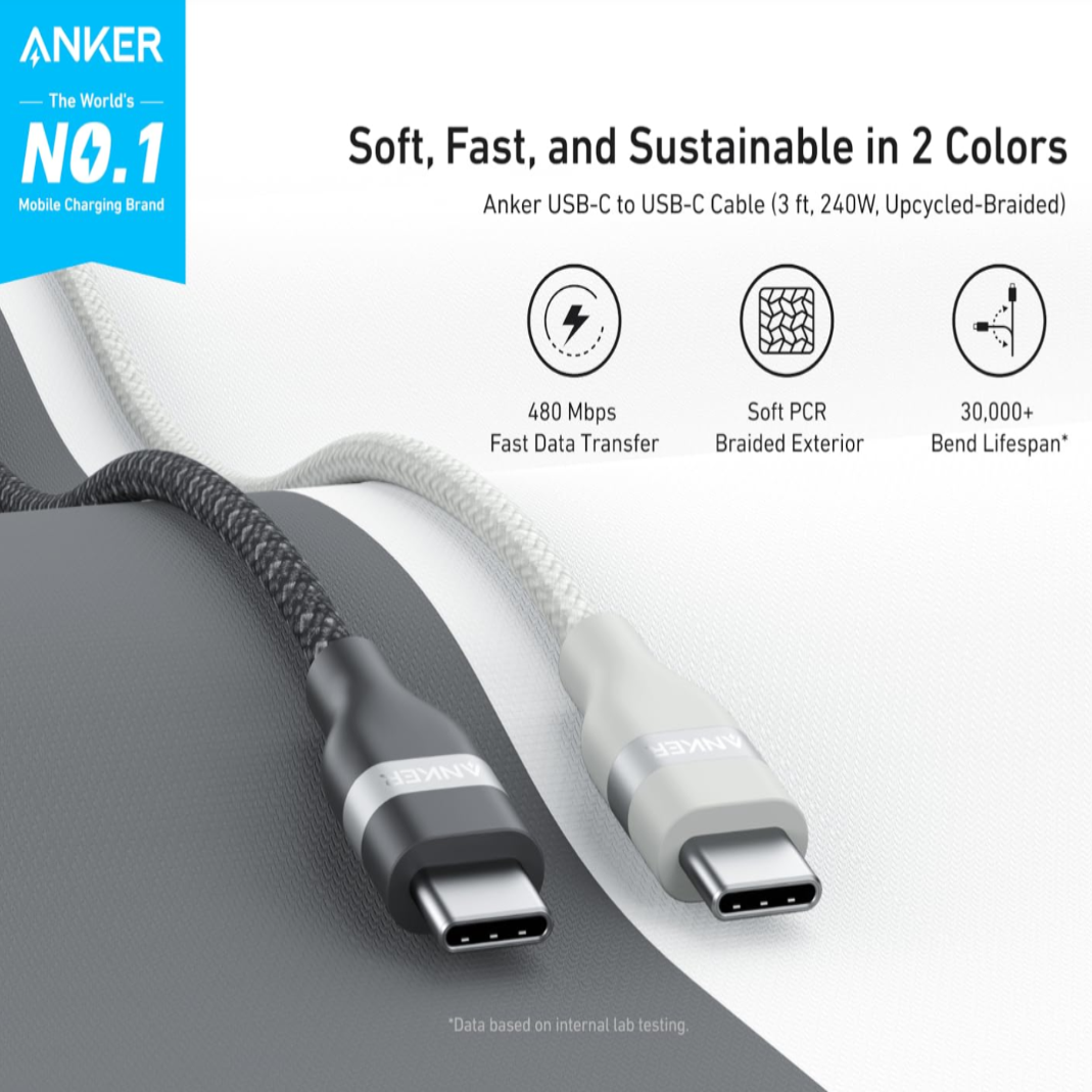 Anker USB-C to USB-C Cable (240W, Upcycled-Braided)