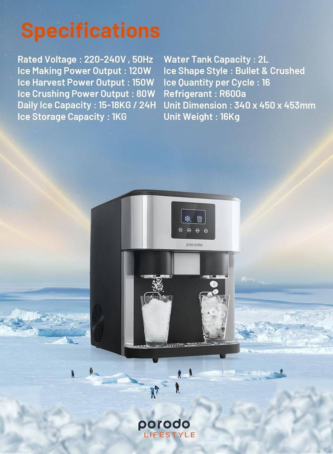 Porodo 3in1 Ice Maker with Crusher and Cold Water Dispenser