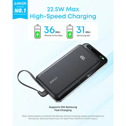 Anker Zolo Power Bank (10K, 22.5W, Built-In USB-C Cable)